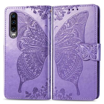 Butterfly Love bloemen reliëf horizontale Flip lederen case voor Huawei P30 met houder & kaartsleuven & portemonnee & Lanyard (licht paars)