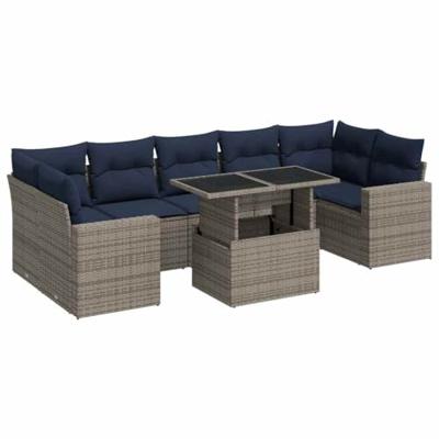 8-delige Loungeset met kussens poly rattan acacia grijs