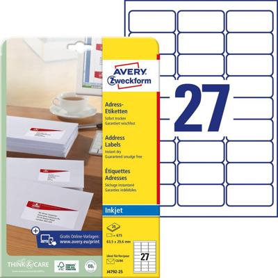 Avery-Zweckform Adresetiketten J4792-25 (N/A ),Wit, Rechthoek, Afgeronde hoeken, 675 stuk(s), Permanent hechtend Avery-Zweckform Adresetiketten J4792-25 (N/A ),Wit, Rechthoek, Afgeronde hoeken, 675 stuk(s), Permanent hechtend