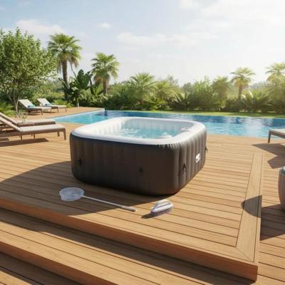ALL-INCLUSIVE SPA KIT en accessoires: 4-persoons vierkante opblaasbare spa met 2 hoofdsteunen, filter, net, borstel, mat, afdekking ALL-INCLUSIVE SPA KIT en accessoires: 4-persoons vierkante opblaasbare spa met 2 hoofdsteunen, filter, net, borstel, mat, afdekking