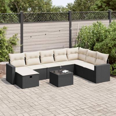 9-delige Loungeset met kussens poly rattan zwart