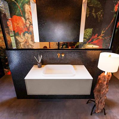 Badkamermeubelset Mondiaz Erin 100 cm met 1 Lade met RIDGE Wastafel Midden Talc Zonder Kraangaten Greeploos Mat Smoke Badkamermeubelset Mondiaz Erin 100 cm met 1 Lade met RIDGE Wastafel Midden Talc Zonder Kraangaten Greeploos Mat Smoke