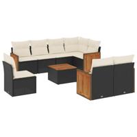 9-delige Loungeset met kussens poly rattan zwart - thumbnail