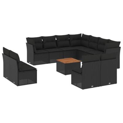 12-delige Loungeset met kussens poly rattan zwart