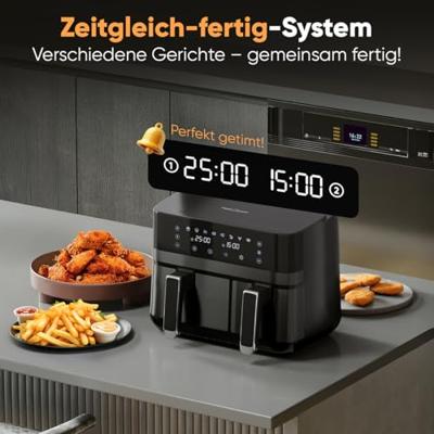 Profi Cook PC-FR 1295 H Airfryer 9 l 2700 W 2 gescheiden temperatuurregelaars Zwart, Inox