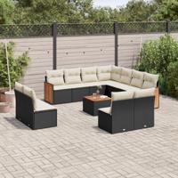 12-delige Loungeset met kussens poly rattan zwart - thumbnail