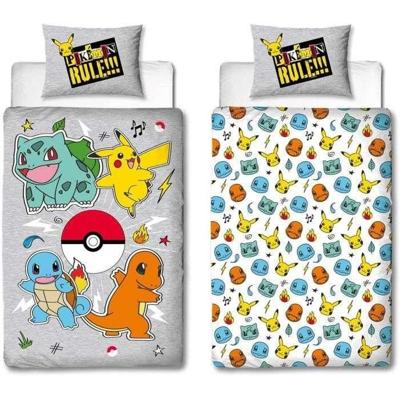 Omkeerbaar beddengoedset - POKEMON - Pikachu en Starter - Grijs - Microvezel - 1 dekbedovertrek 140 x 200 cm + 1 kussensloop 63 x 63 cm