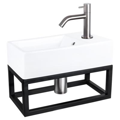 Differnz Force fonteinset - 40x22x11.5cm - Rechthoek - 1 kraangat - Gebogen matte chromen kraan - met zwart frame - Keramiek Wit 38.401.58 Differnz Force fonteinset - 40x22x11.5cm - Rechthoek - 1 kraangat - Gebogen matte chromen kraan - met zwart frame - Keramiek Wit 38.401.58