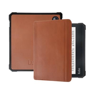 Lunso - Kobo Libra 2 hoes (7 inch) - Lederen sleep cover - Cognac