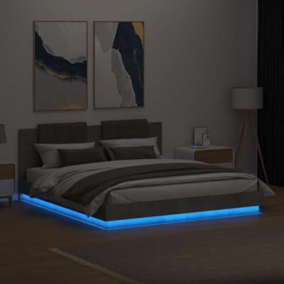 Bedframe met hoofdbord en LED-verlichting betongrijs 160x200 cm