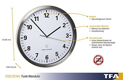 TFA Dostmann 60.3523.02 Wandklok Zendergestuurd 30.5 cm x 43 mm RVS Slepend uurwerk (geluidsloos), Energiebesparingsfunctie