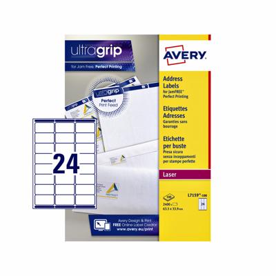 Avery L7159, Adresetiketten, Laser, Ultragrip, wit, 100 vellen, 24 per vel, 63,5 x 33,9 mm Avery L7159, Adresetiketten, Laser, Ultragrip, wit, 100 vellen, 24 per vel, 63,5 x 33,9 mm