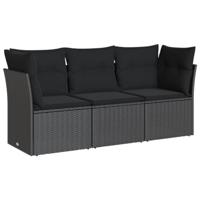 3-delige Loungeset met kussens poly rattan zwart - thumbnail