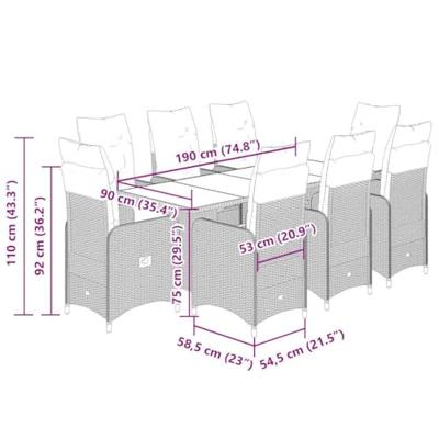 9-delige Bistroset met kussens poly rattan beige