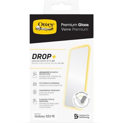 OtterBox Premium Glass-screenprotector voor Samsung Galaxy S23 FE, gehard glas, geavanceerde krasbescherming, overleeft vallen tot 3ft, antimicrobiële bescherming