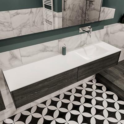 Mondiaz Lush Cloud badmeubel eiken Dark brown 180 cm 2 lades solid surface enkele spoelbak rechts zonder kraangat