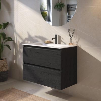 Saqu Gaia badmeubel incl. glans witte keramische wastafel 80x51x61cm eiken zwart - zwarte greeplijst