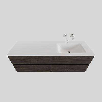 Badkamermeubel Solid Surface BWS Stockholm 200x46 cm Wood Dark Brown Wasbak Rechts (0 kraangaten, 4 lades)