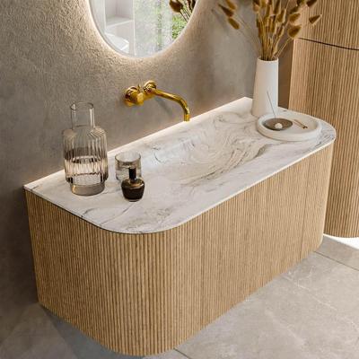 Mondiaz KURVE-DLUX 100 cm Onderkast Greeploos 1 Lade Met Deuren Oak, Wastafel Solid Surface MIdden Glace 0 Kraangaten Zonder Spiegel (KRVGRU100L+R1L2D0KM-Oak/Gla)
