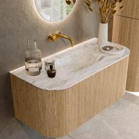 Mondiaz KURVE-DLUX 100 cm Onderkast Greeploos 1 Lade Met Deuren Oak, Wastafel Solid Surface MIdden Glace 0 Kraangaten Zonder Spiegel (KRVGRU100L+R1L2D0KM-Oak/Gla) - thumbnail