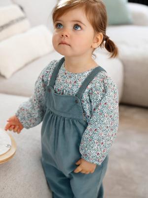 Set fluwelen blouse en overall voor meisjesbaby hemelsblauw