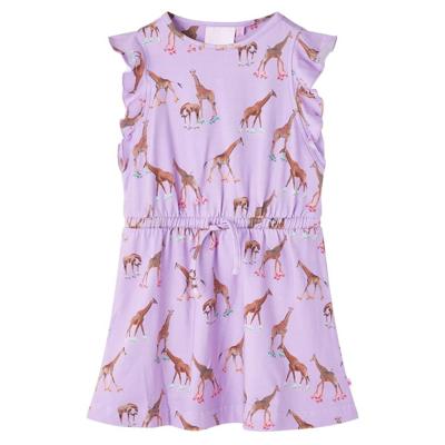 Kinderjurk met mouwen ruches en trekkoord girafprint 116 lila Kinderjurk met mouwen ruches en trekkoord girafprint 116 lila