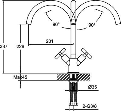 Job Accross keukenmengkraan tweegreeps met draaibare uitloop incl. aansluitslangen en filterstopkranen brons zwart