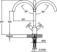 Job Accross keukenmengkraan tweegreeps met draaibare uitloop incl. aansluitslangen en filterstopkranen brons zwart - thumbnail