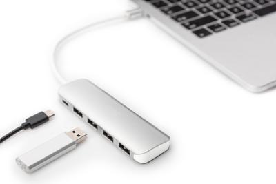 Digitus DA-70242-1 USB 3.2 Gen 1-hub 4 + 1 poorten Met snellaadpoort, Met USB-C stekker, Met aluminium behuizing Zilver