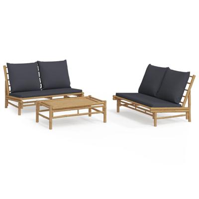 3-delige Loungeset met kussens bamboe donkergrijs - thumbnail