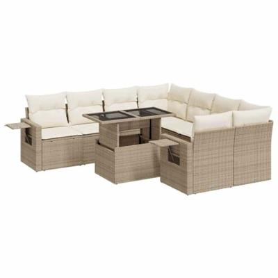 9-delige Loungeset met kussens poly rattan beige