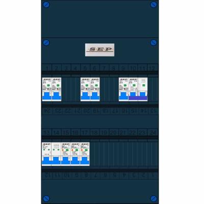 SEP 5 groepenkast 5 installatieautomaten B16 30mA + kookgroep B16 30mA 3 aardleksch 2 polig 30mA