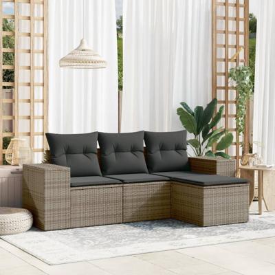 4-delige Loungeset met kussens poly rattan grijs