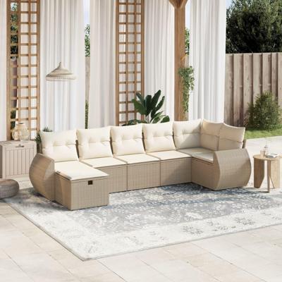 7-delige Loungeset met kussens poly rattan beige