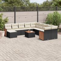 12-delige Loungeset met kussens poly rattan zwart - thumbnail