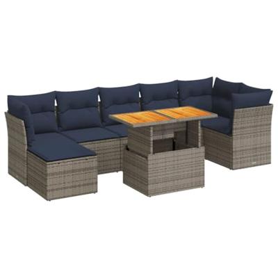 8-delige Loungeset met kussens poly rattan grijs