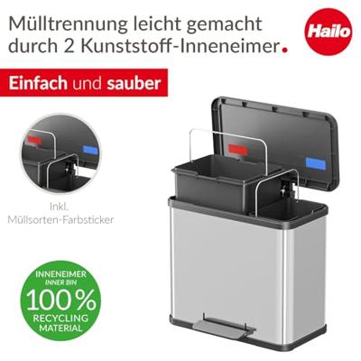 Hailo öko duo plus L 6302000 Afvalbak 26 l RVS (b x h x d) 470 x 430 x 340 mm RVS Met voetpedaal 1 stuk(s) - thumbnail