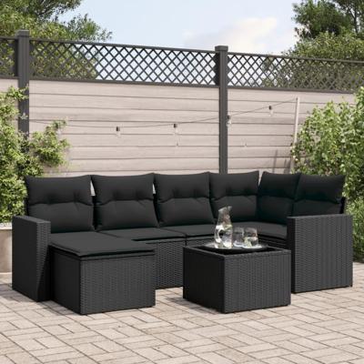 7-delige Loungeset met kussens poly rattan zwart