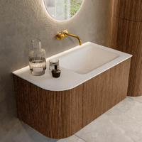 Mondiaz KURVE 85 cm Onderkast Greeploos 1 Lade Met Deuren Walnut, Wastafel Solid Surface Rechts Talc 0 Kraangaten Zonder Spiegel (KRVCLO85L1L1D0KR-Wal/Tal) - thumbnail