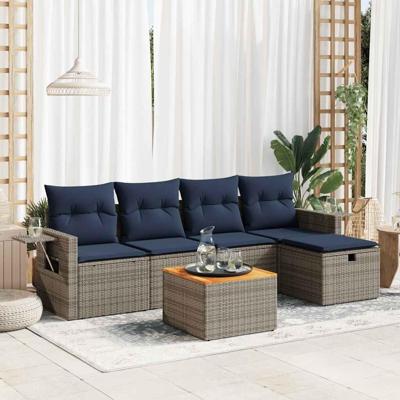 6-delige Loungeset met kussens poly rattan grijs
