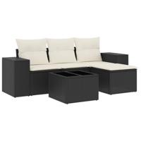 5-delige Loungeset met kussens poly rattan zwart - thumbnail