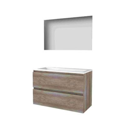 Basic-Line Ultimate 46 Badkamermeubelset - 100 x 46 cm - Greeploos - 2 Lades - Acryl Wastafel - 2 Kraangaten - Spiegel met Indirecte LED Verlichting - Scotch Oak