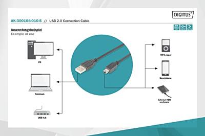 Digitus AK-300108-010-S USB-kabel USB 2.0 USB-A stekker, USB-mini-B stekker 1.00 m Zwart Met OTG-functie