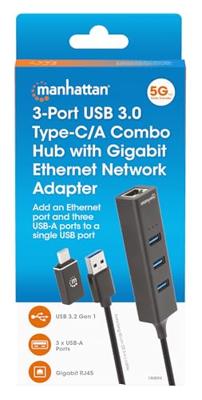 Manhattan 180894 180894 USB-hub 4 poorten USB-A, RJ45 USB 3.0 5 GBit/s Met ingebouwde netwerkaansluiting Zwart
