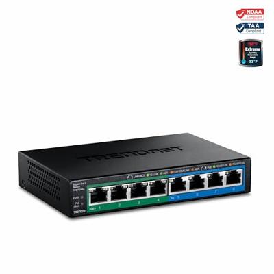 TRENDnet TPE-TG44G 8-Port Gigabit GREENnet PoE + Switch, 4 x Gigabit PoE/PoE + tot 30 watt/poort, 4 x Gigabit, 61 W stroombudget, Ethernet onbeheerde switch