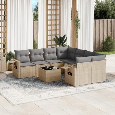 9-delige Loungeset met kussens poly rattan beige