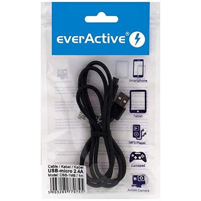 everActive micro USB-kabel 1m - Zwart, gevlochten, ondersteuning voor snel opladen, 2,4A - CBB-1MB everActive micro USB-kabel 1m - Zwart, gevlochten, ondersteuning voor snel opladen, 2,4A - CBB-1MB