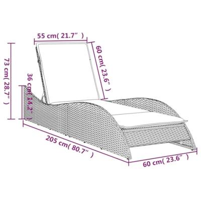 Ligbed met kussen 60x205x73 cm poly rattan grijs - thumbnail