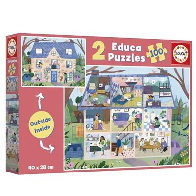 Puzzel 2 x 100 stukjes int/ext huis EDUCA meerkleurig Puzzel 2 x 100 stukjes int/ext huis EDUCA meerkleurig