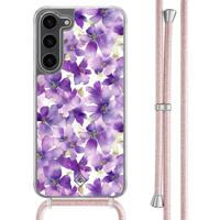 Samsung Galaxy S23 Plus hoesje met rosegoud koord - Floral violet - thumbnail